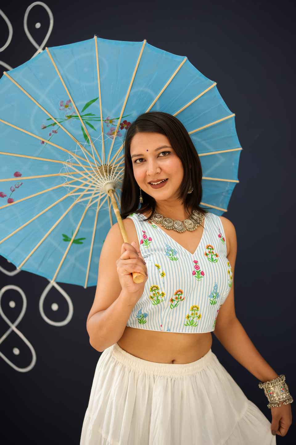 Sky Blue Stripe & Floral Cotton Saree Blouse