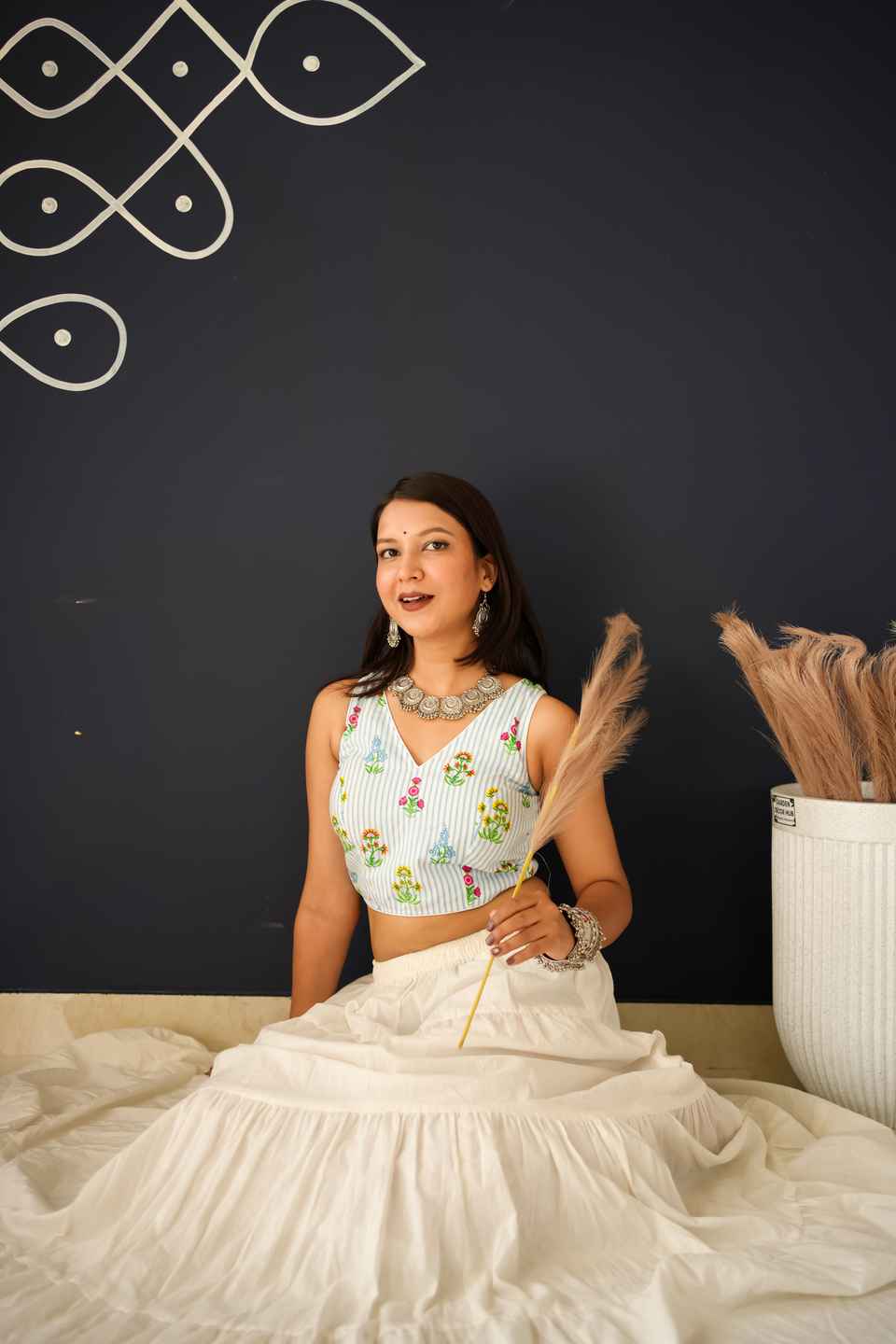 Sky Blue Stripe & Floral Cotton Saree Blouse