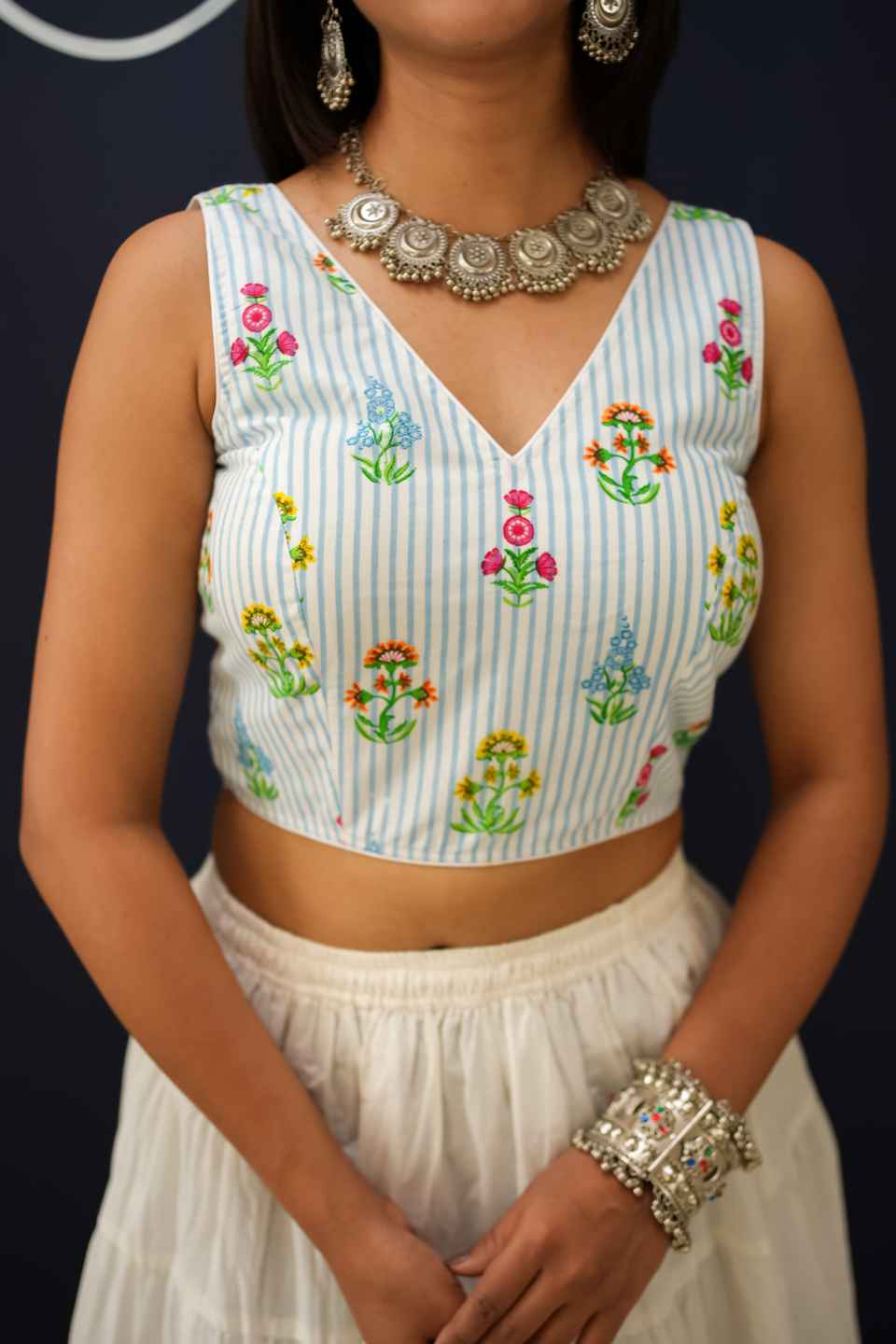 Sky Blue Stripe & Floral Cotton Saree Blouse