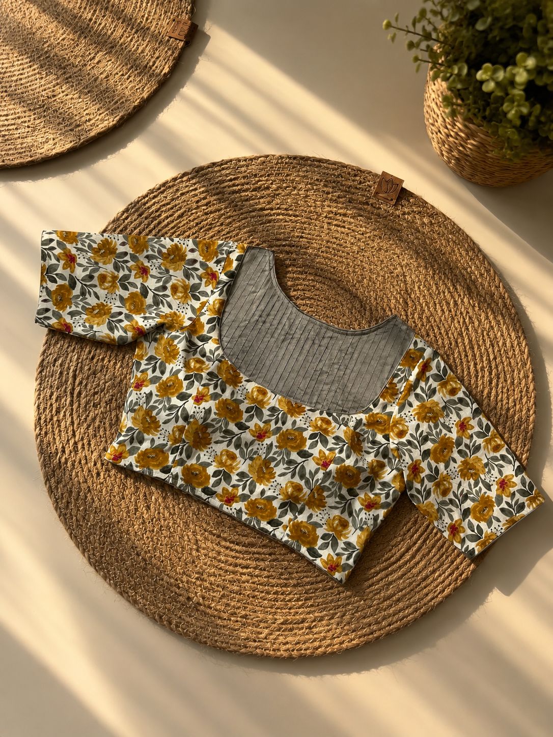 Yellow Floral Cotton Saree Blouse for Women