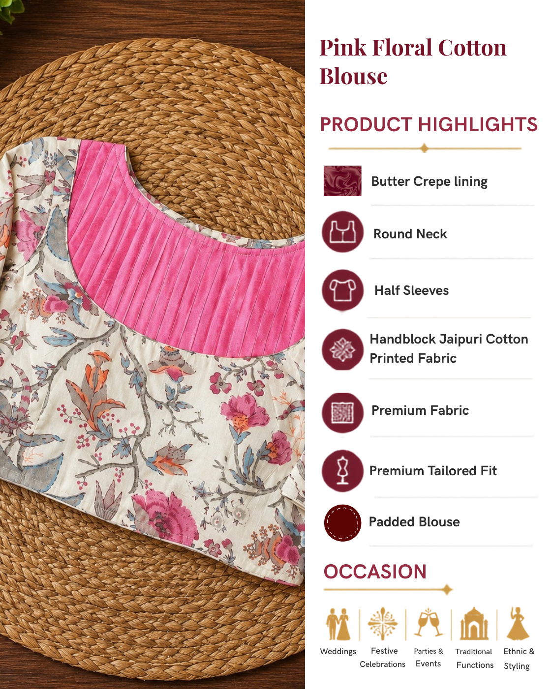 Pink Floral Cotton Saree Blouse