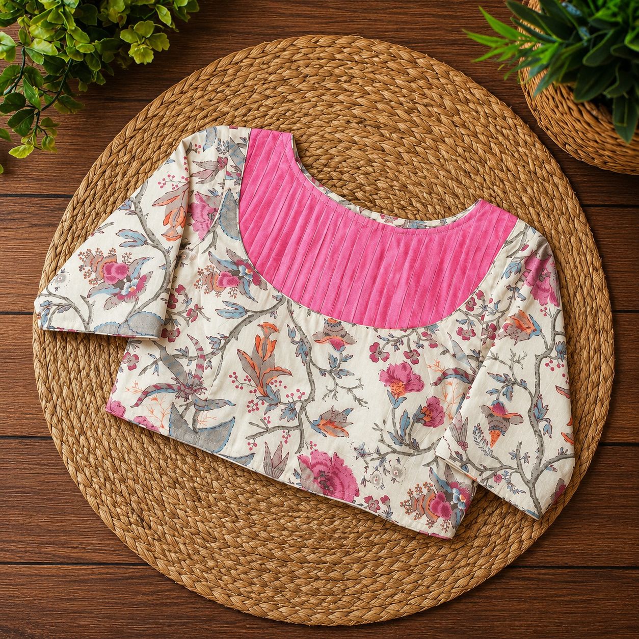 Pink Floral Cotton Saree Blouse