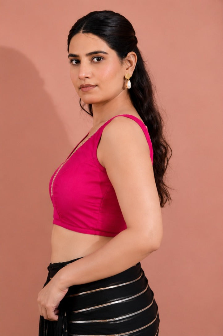 Pink Silk Sleeveless Padded Blouse With Lace Embellished V Neck