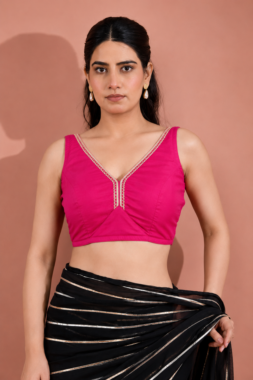 Pink Silk Sleeveless Padded Blouse With Lace Embellished V Neck