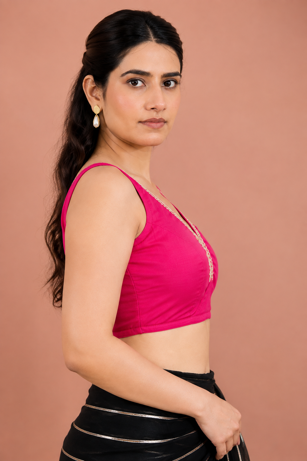 Pink Silk Sleeveless Padded Blouse With Lace Embellished V Neck