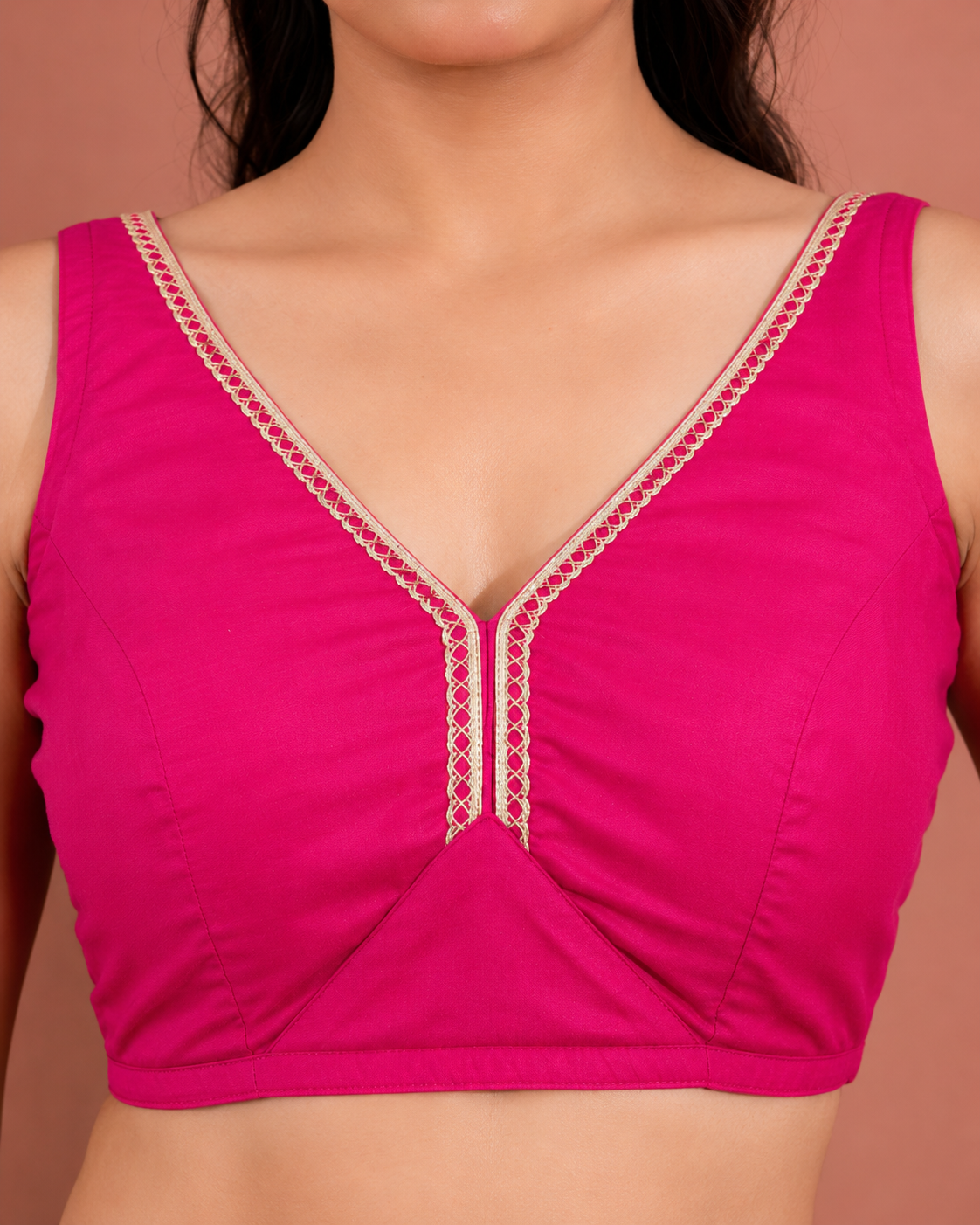 Pink Silk Sleeveless Padded Blouse With Lace Embellished V Neck
