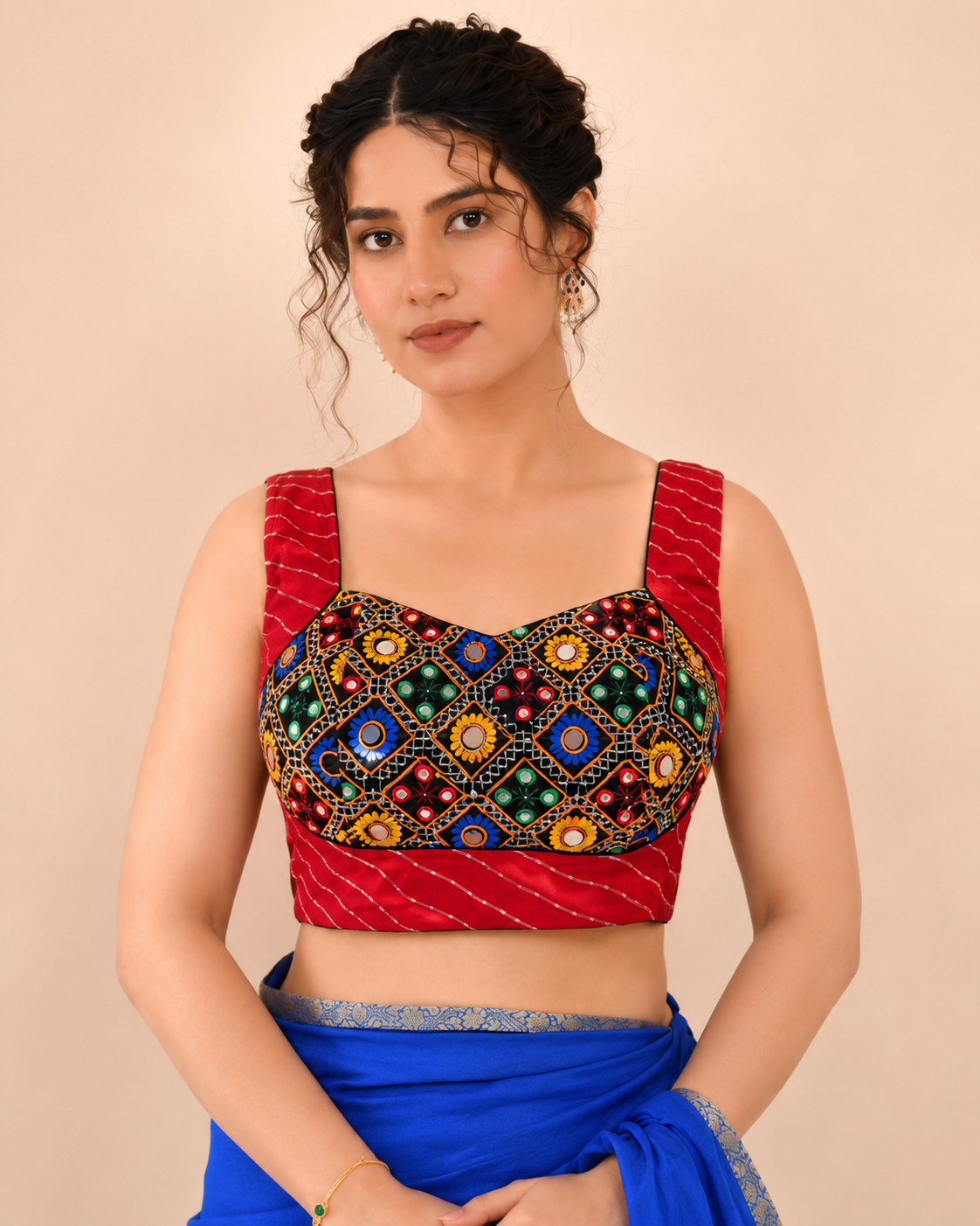 Red Lehriya Printed with Embroidered Sleeveless Saree Blouse