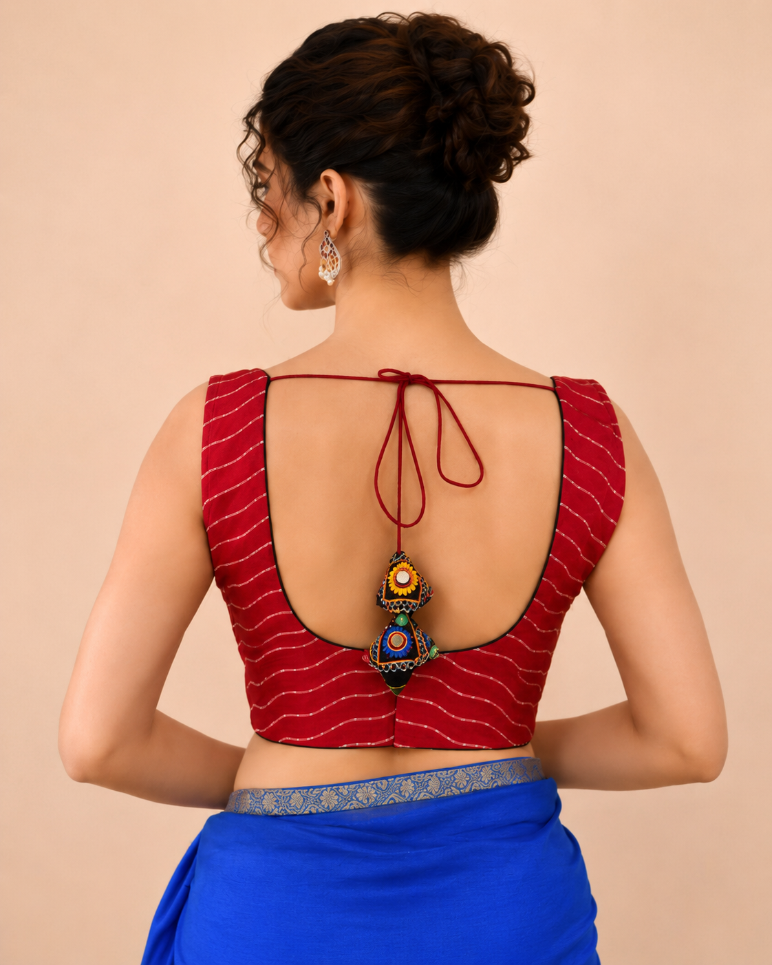 Red Lehriya Printed with Embroidered Sleeveless Saree Blouse