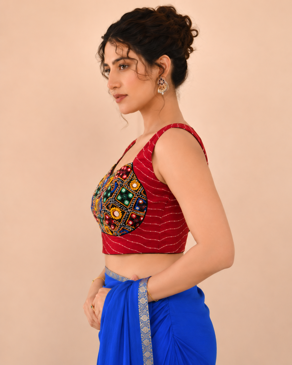 Red Lehriya Printed with Embroidered Sleeveless Saree Blouse