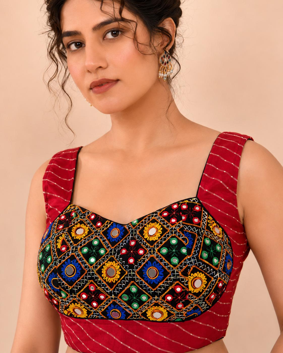 Red Lehriya Printed with Embroidered Sleeveless Saree Blouse