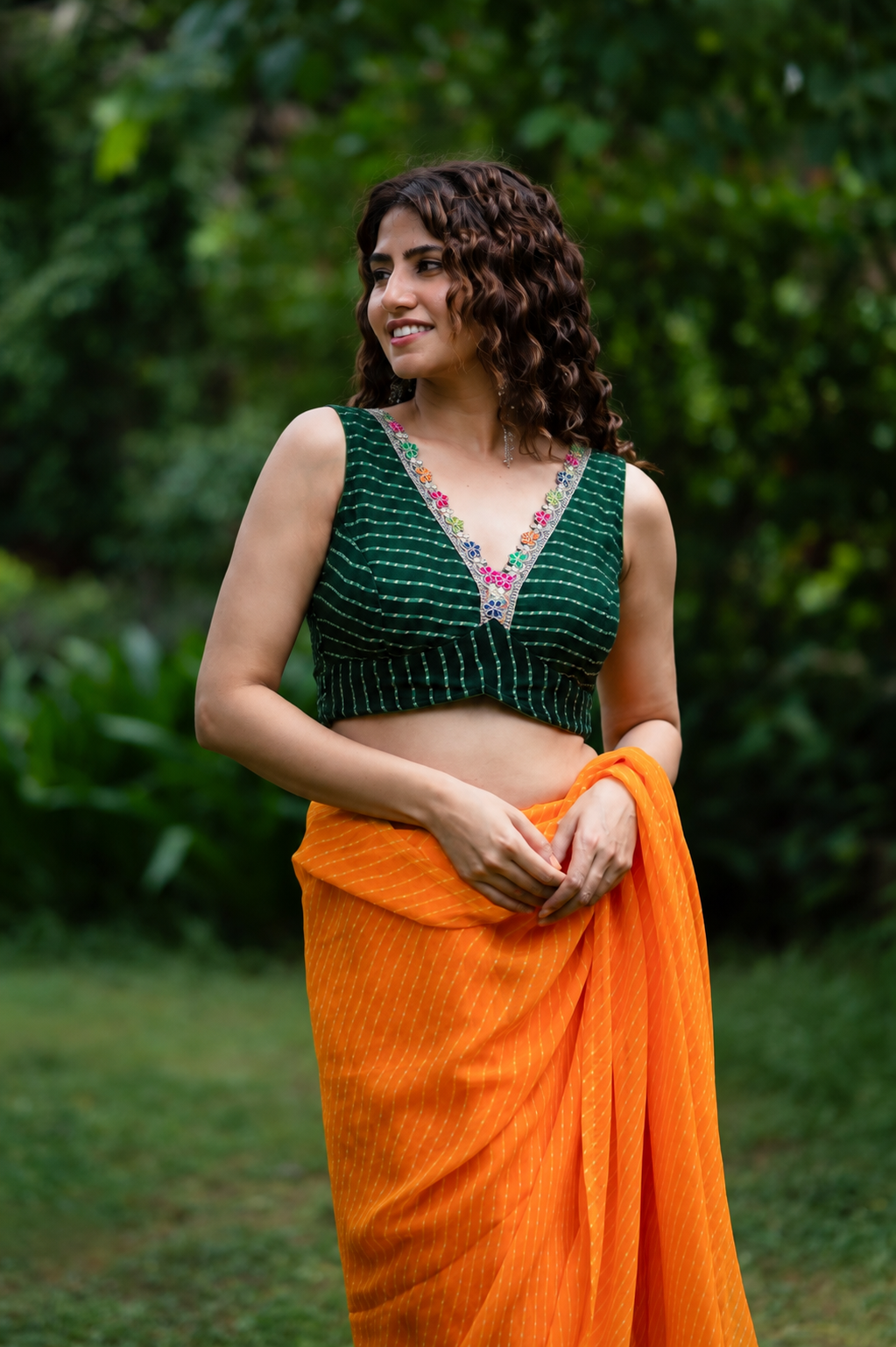 Lehriya Printed Bottle Green Saree Blouse With Multicolored Lace