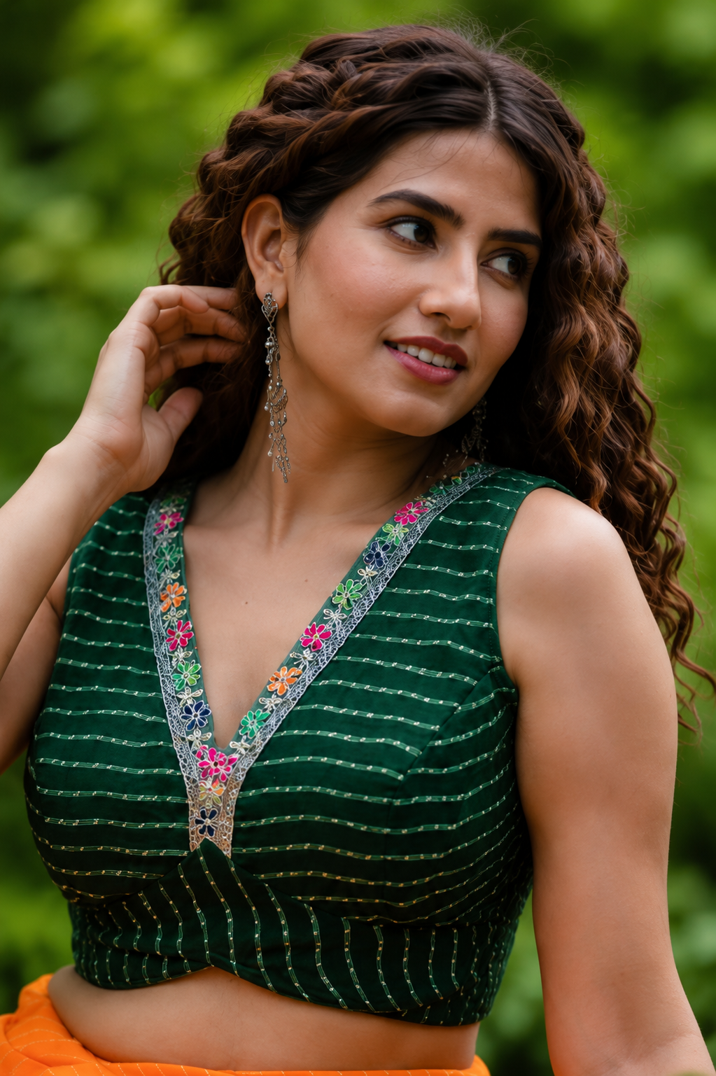 Lehriya Printed Bottle Green Saree Blouse With Multicolored Lace