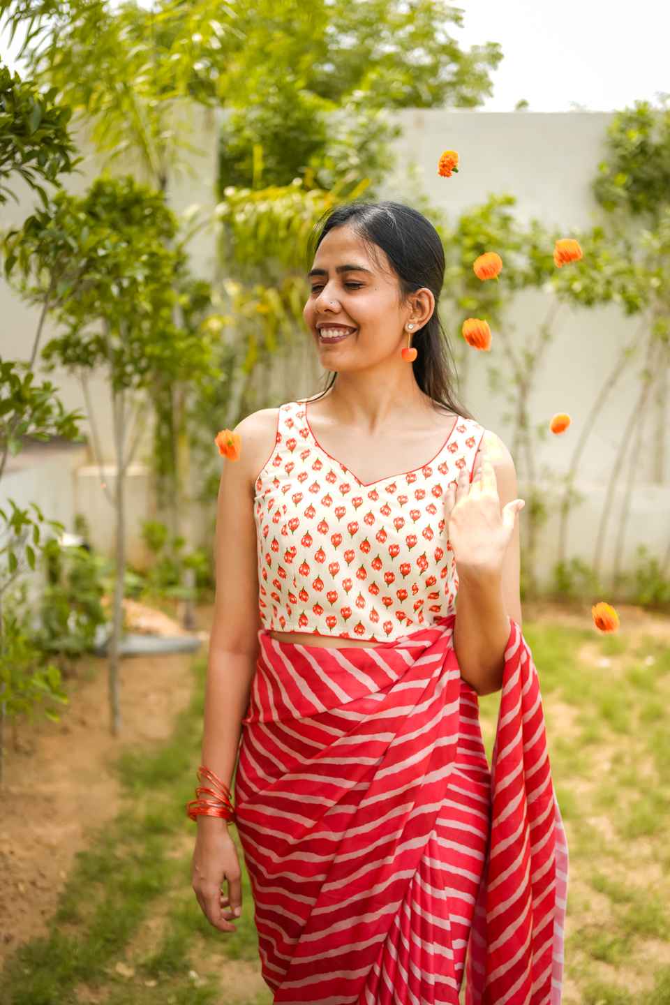 Jaipuri Cotton Floral Orange  Printed Saree Blouse with  Back Dori