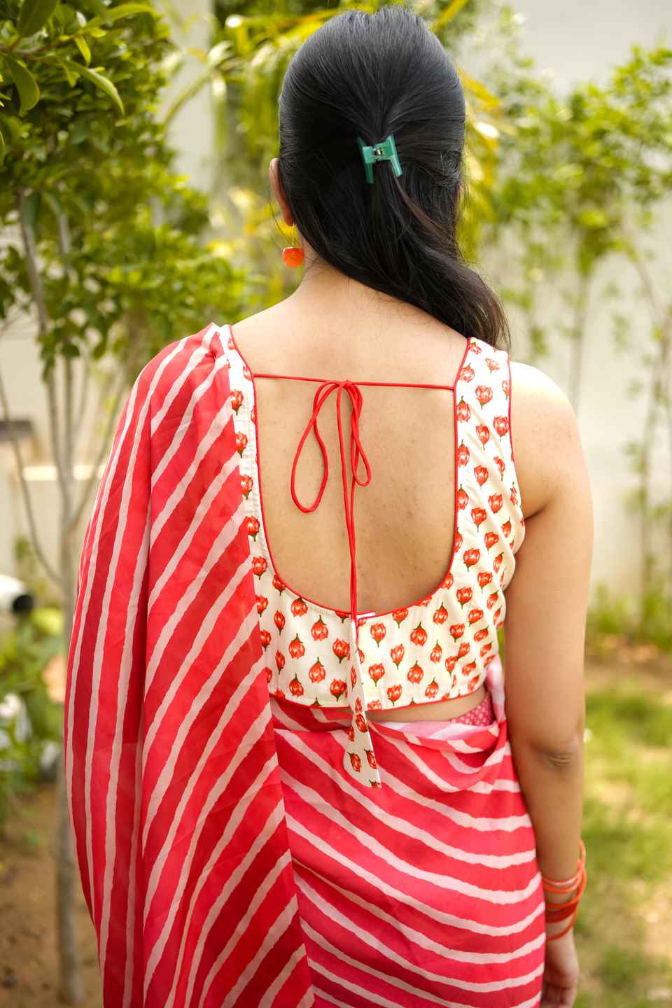 Jaipuri Cotton Floral Orange  Printed Saree Blouse with  Back Dori