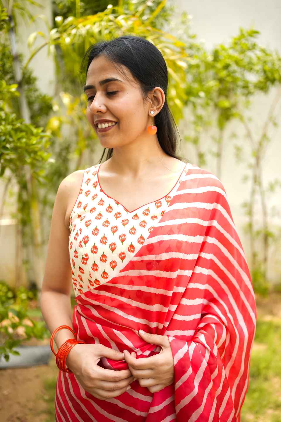Jaipuri Cotton Floral Orange  Printed Saree Blouse with  Back Dori