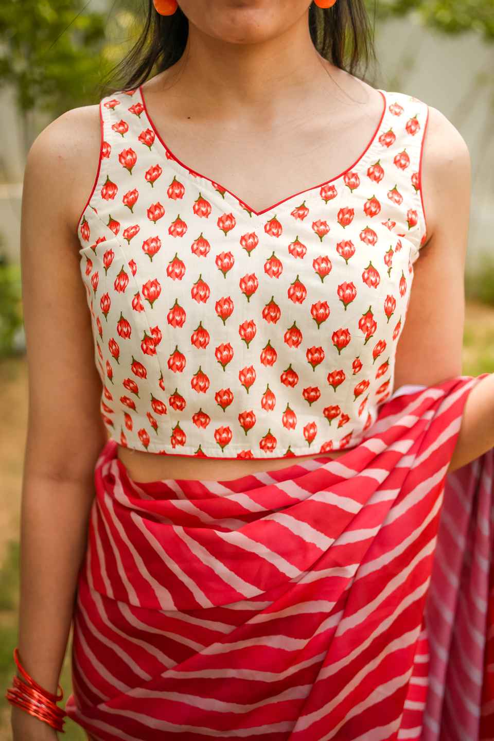 Jaipuri Cotton Floral Orange  Printed Saree Blouse with  Back Dori