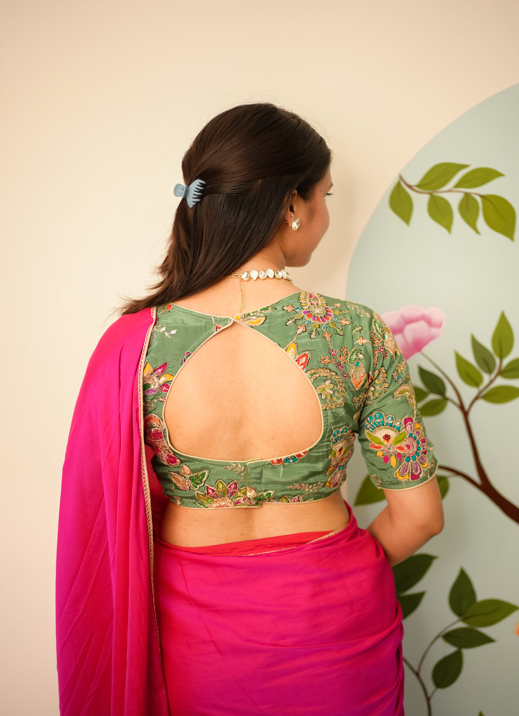Deep Sweetheart Neck Embroidery Green  Blouse With Sleeves