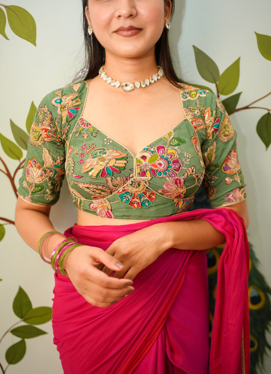 Deep Sweetheart Neck Embroidery Green  Blouse With Sleeves