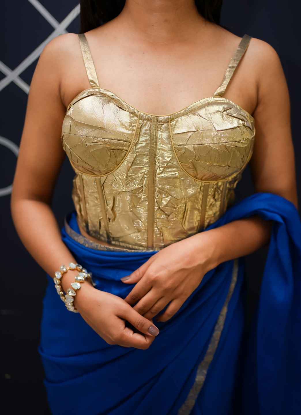 Golden Crushed Foil Corset-Style Blouse