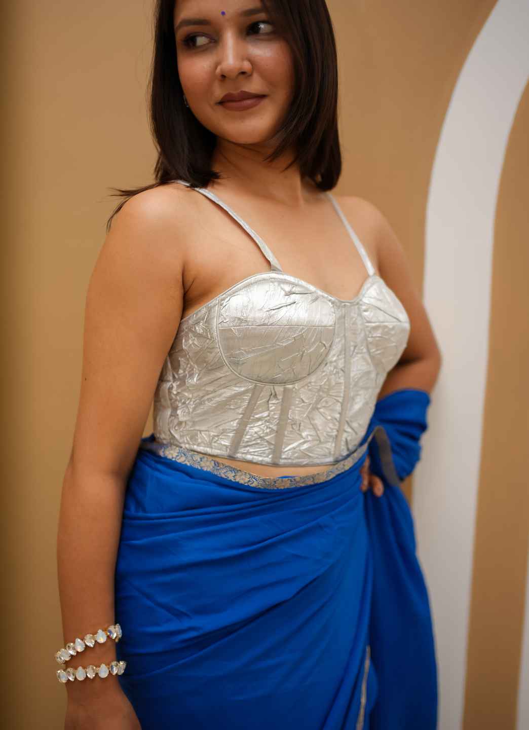 Grey Crushed Foil Corset-Style Blouse