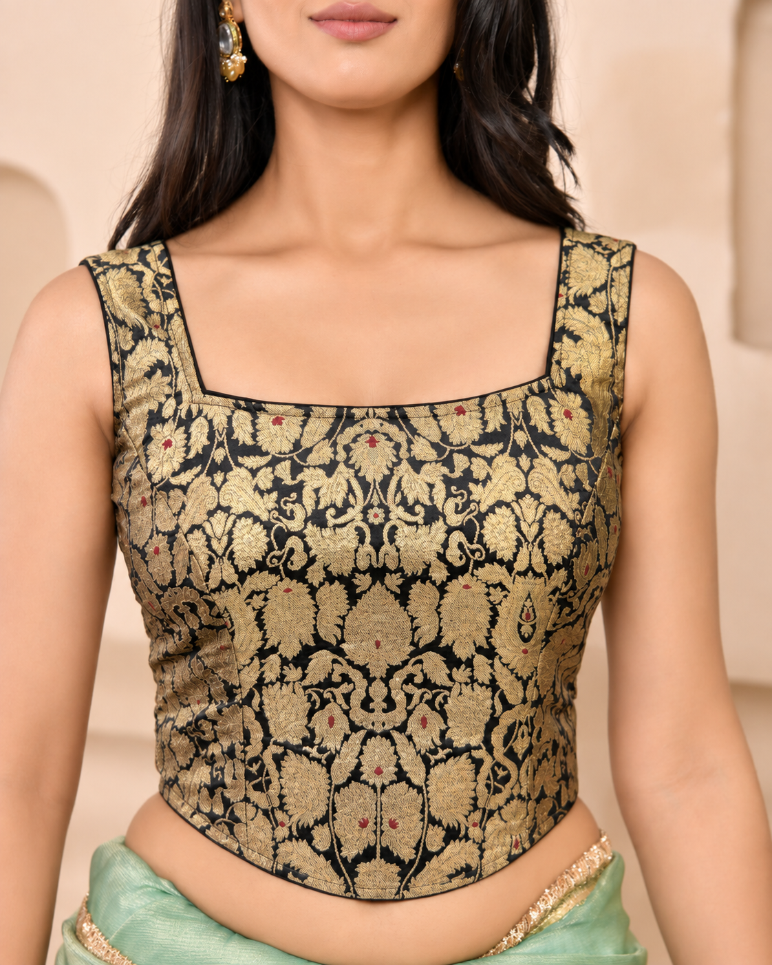Woven Designed Kashi Banarsi Corset Style Padded Black Saree Blouse