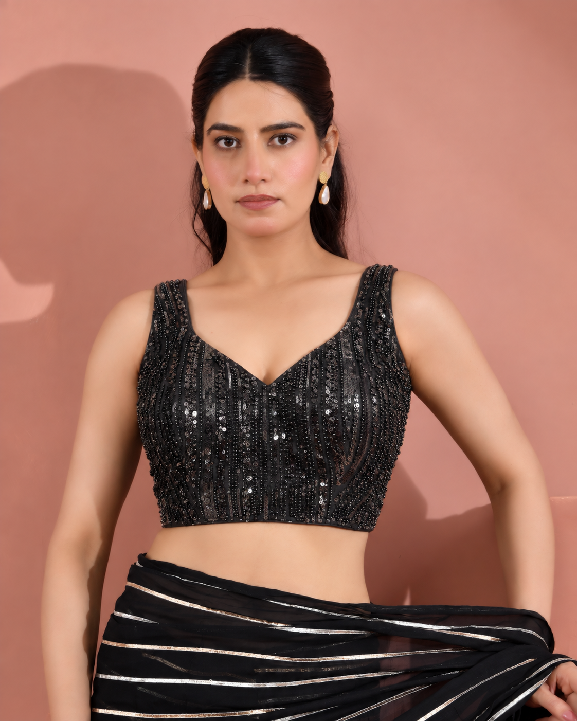 Women's Black Net Fabric Sequin Embellished Sleeveless V-Neck Designer Saree Blouse