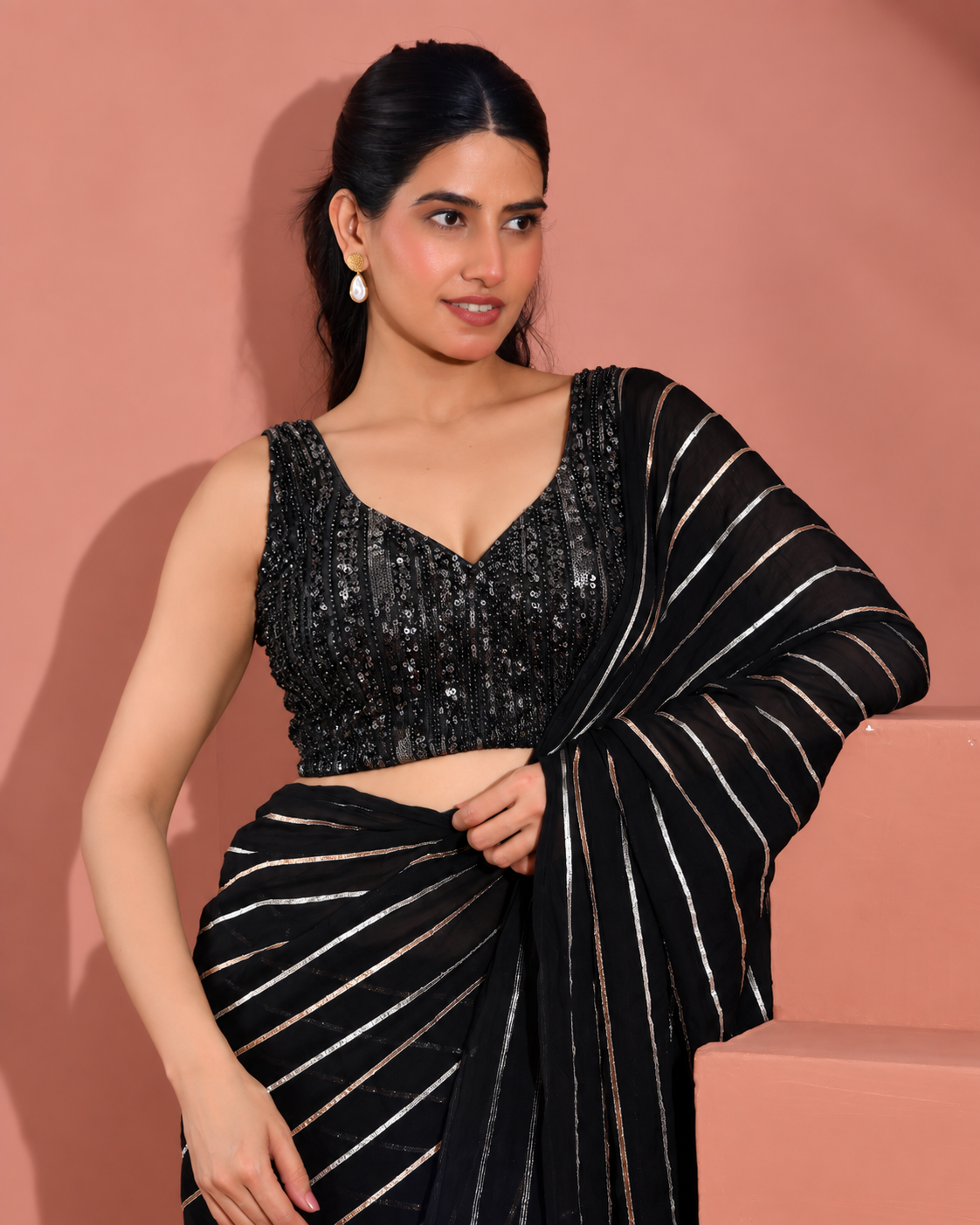 Women's Black Net Fabric Sequin Embellished Sleeveless V-Neck Designer Saree Blouse