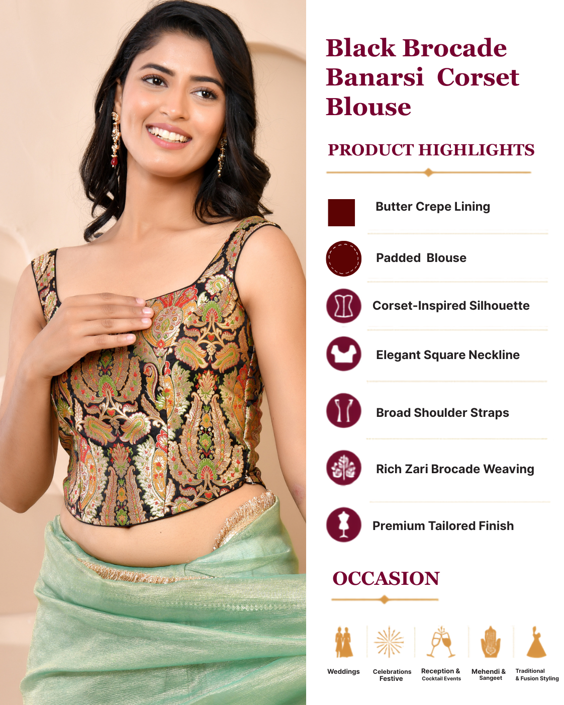 Woven Designed Kashi Banarsi Corset Style Padded Black Saree Blouse
