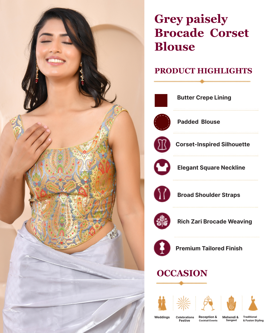 Woven Designed Kashi Banarsi Corset Style Padded Grey Saree Blouse
