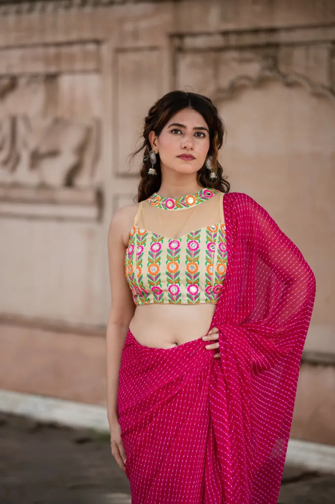 Band Collar Sleeveless Net Saree Blouse