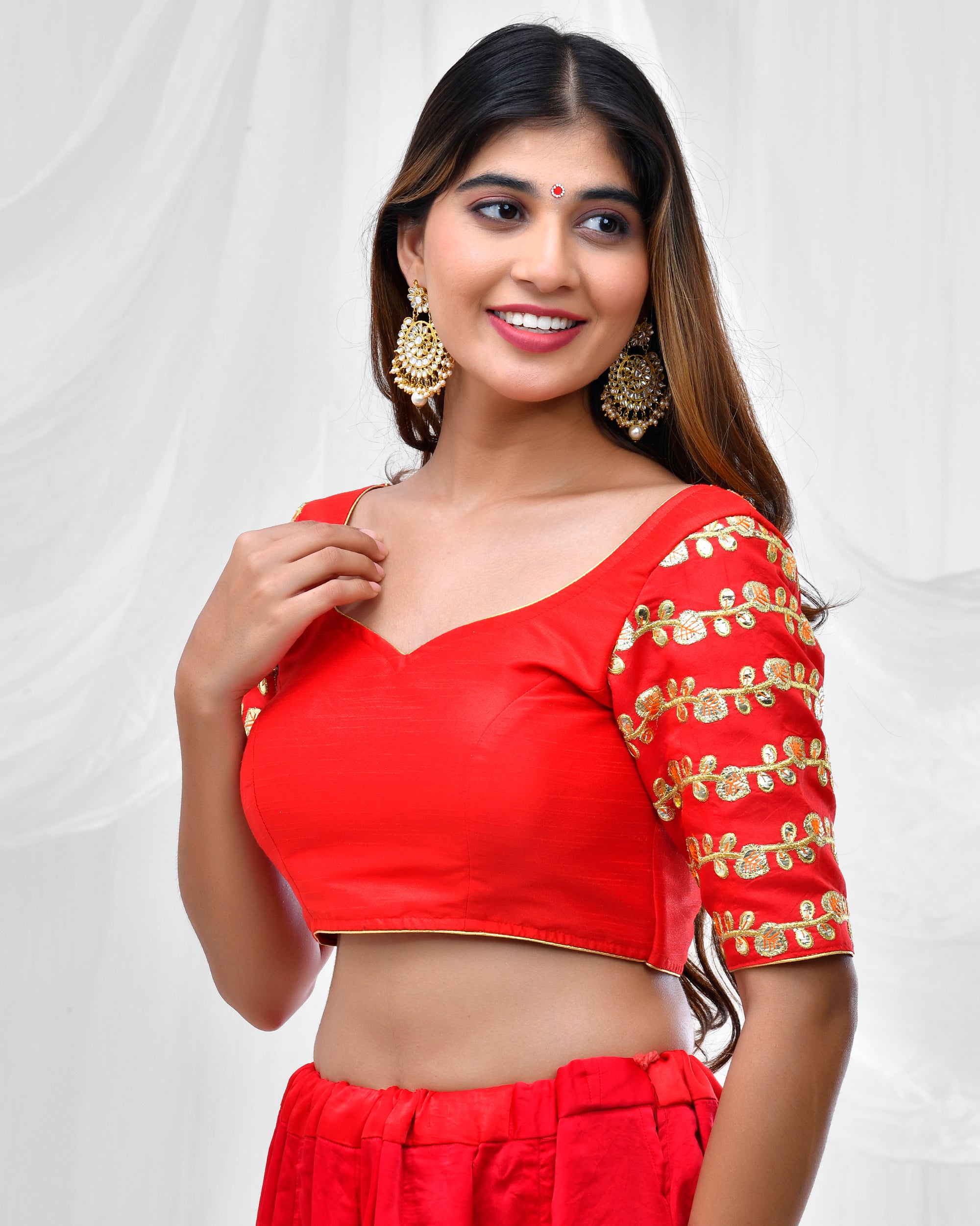 Red Blouse with Embellished Gota Sleeves