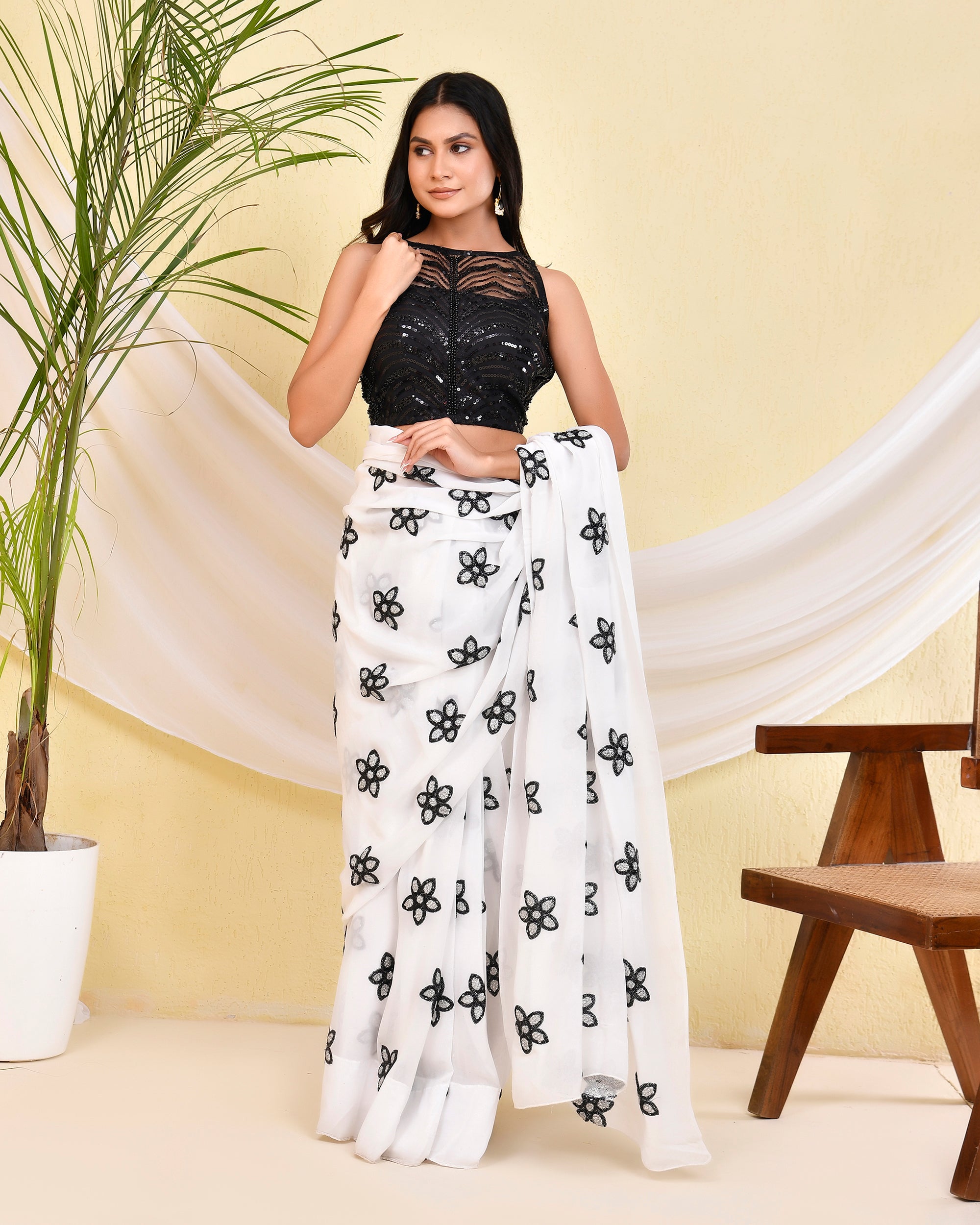 Black Sequined Pearl Sleeveless Padded Blouse