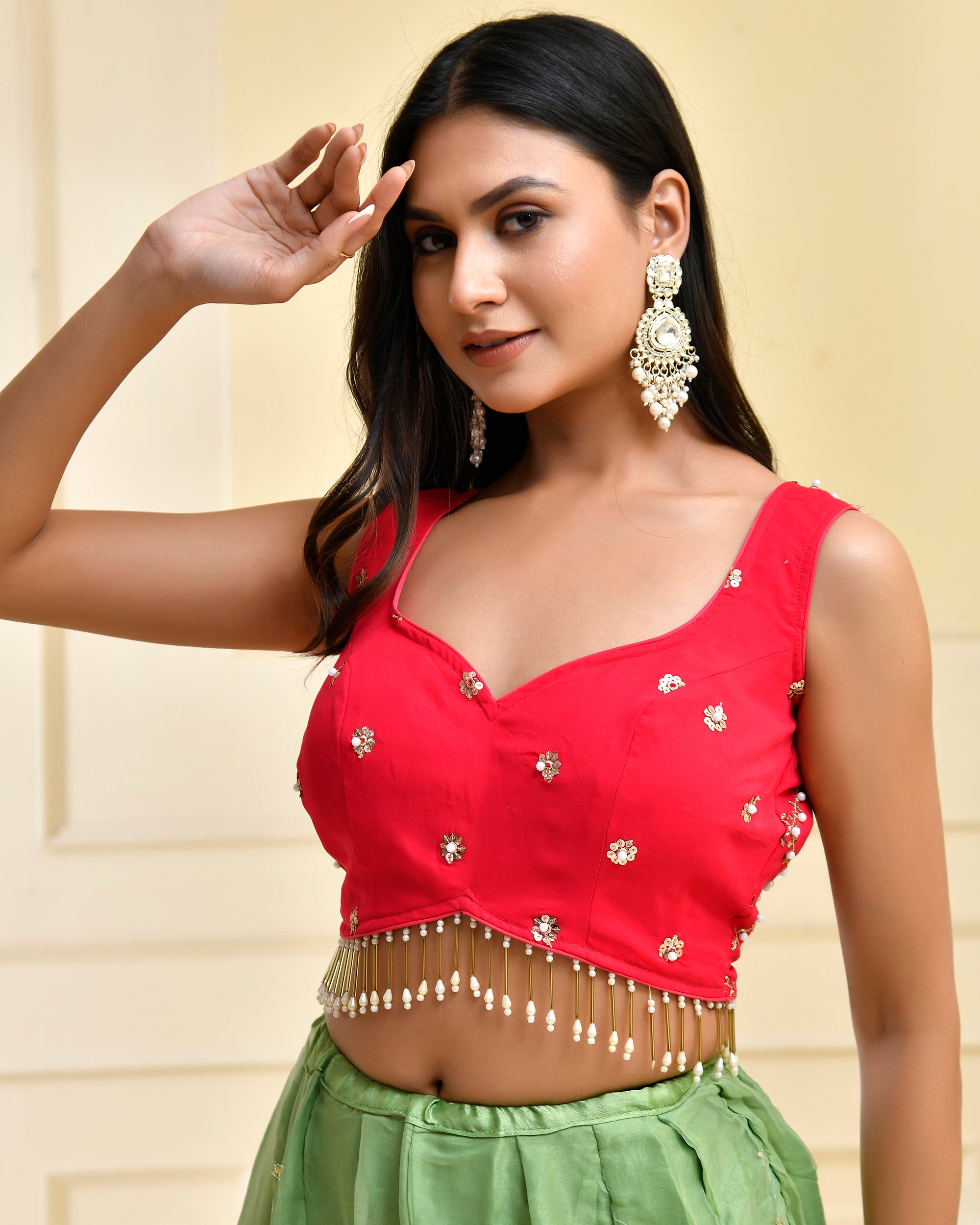 Sweetheart Neck Blouse With Pearl Tassels