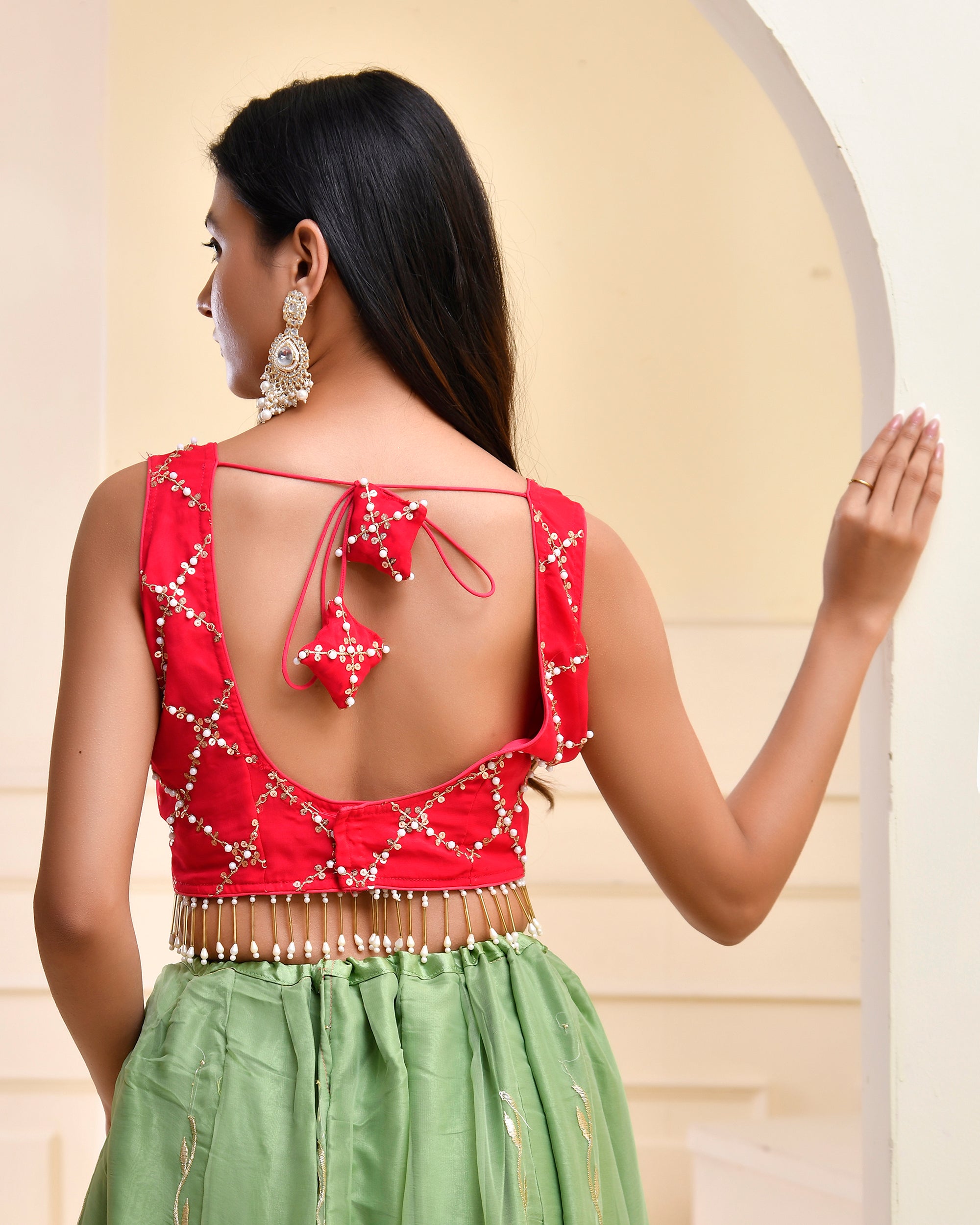 Sweetheart Neck Blouse With Pearl Tassels