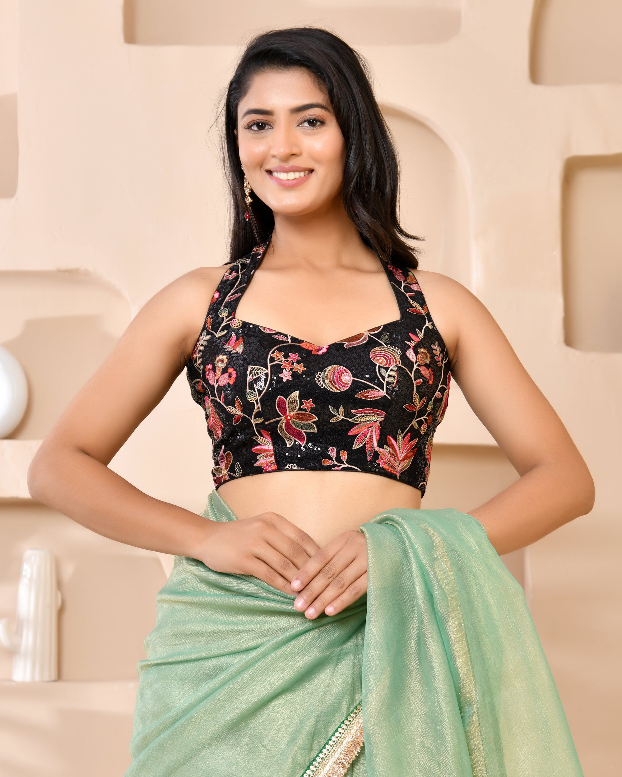 Black Embroidered Halter Neck Blouse | Modern Designer Blouse for Saree & Lehenga| Cocktail party choli