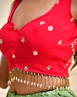 Sweetheart Neck Blouse With Pearl Tassels