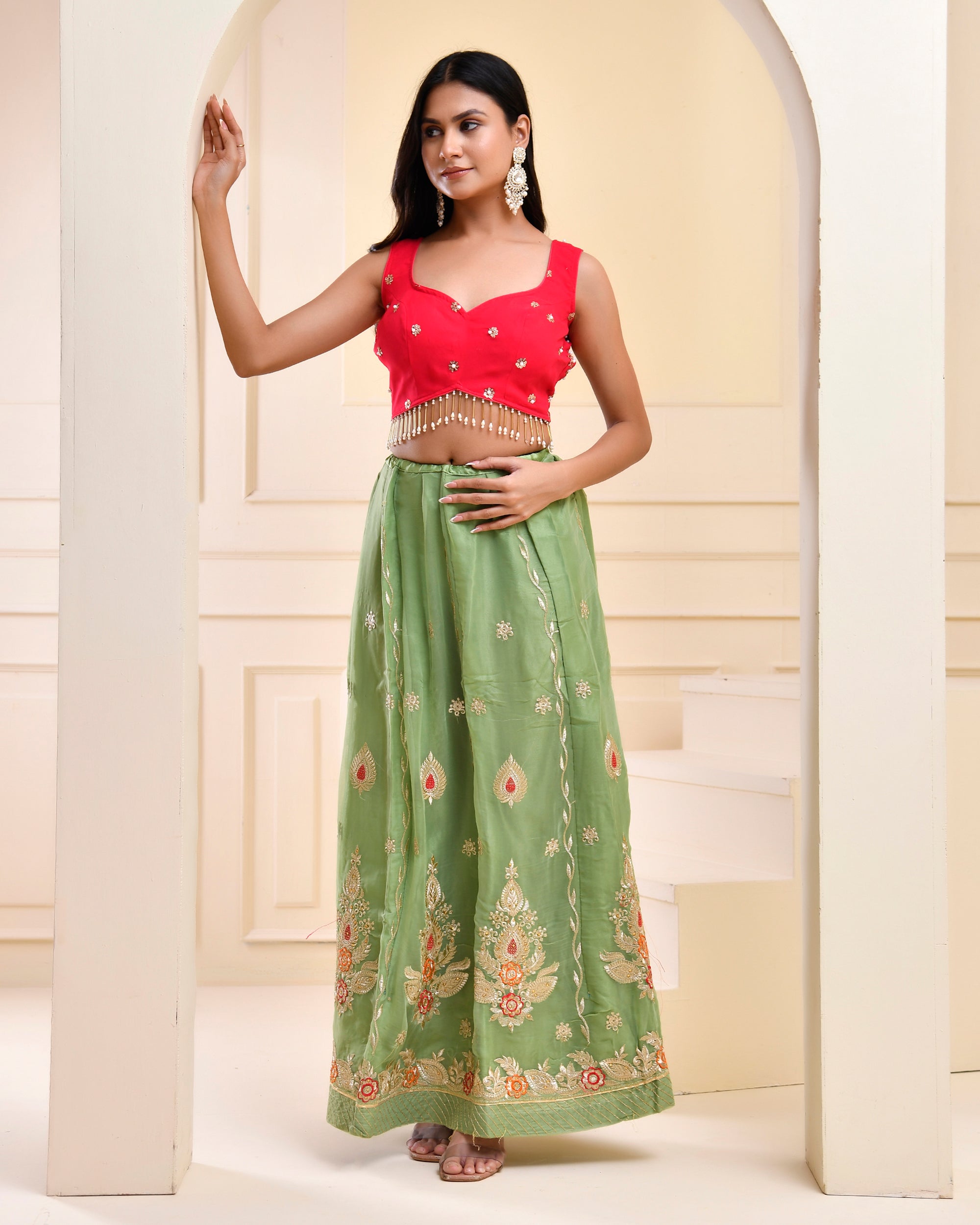 Sweetheart Neck Blouse With Pearl Tassels