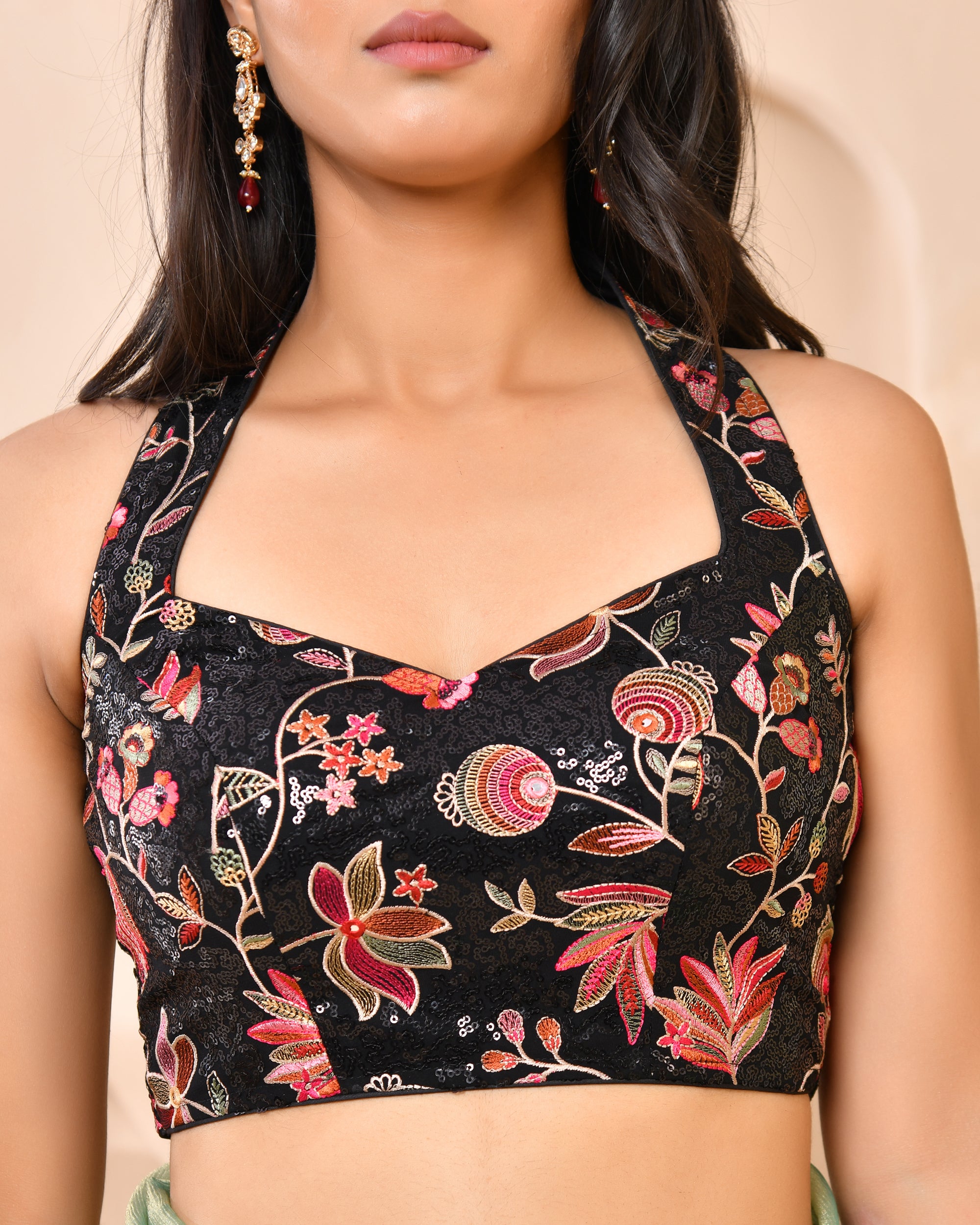 Black Embroidered Halter Neck Blouse | Modern Designer Blouse for Saree & Lehenga| Cocktail party choli