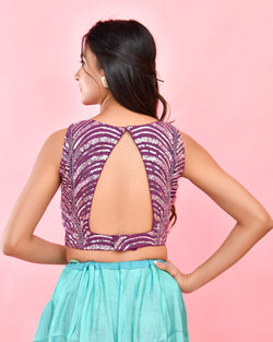 Voilet Sequined Pearl Sleeveless Padded Blouse
