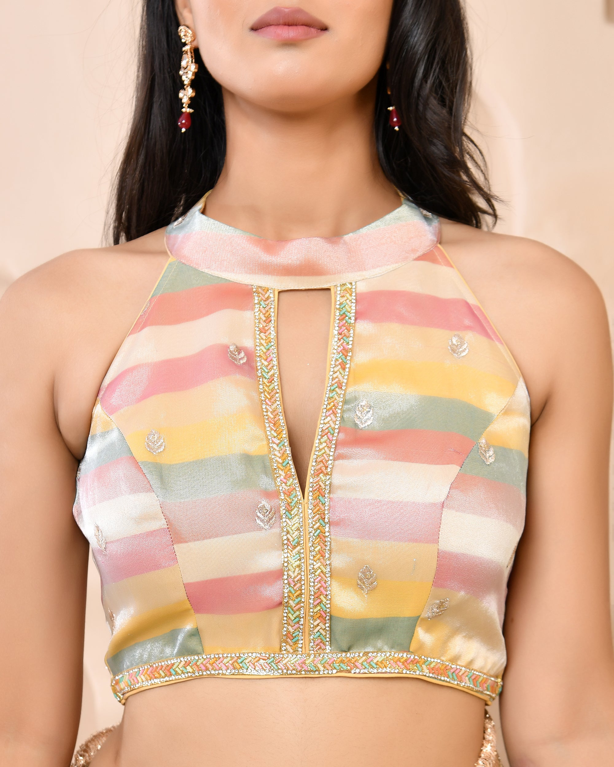 Embroidered Band Collar Sleeveless Padded Saree Blouse