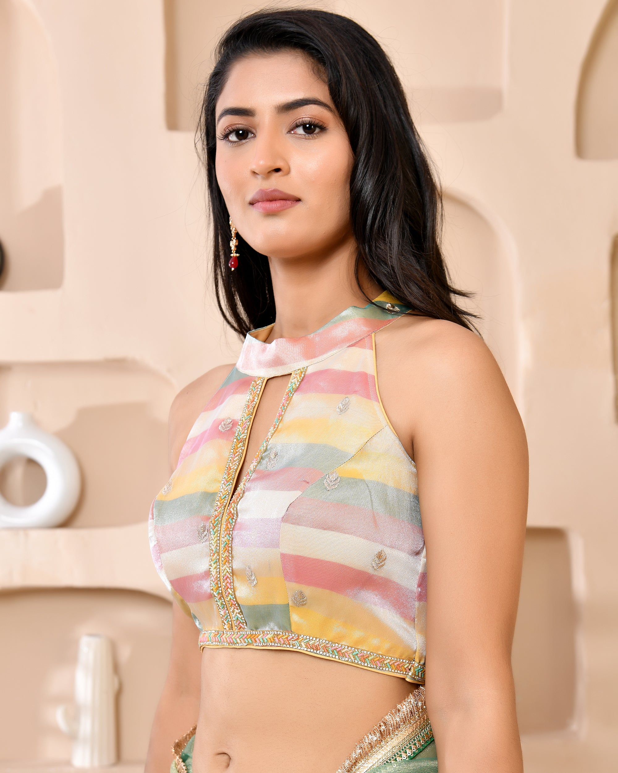 Embroidered Band Collar Sleeveless Padded Saree Blouse