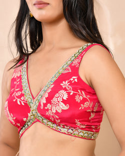 Woven Designed Banarsi V-Neck Padded Saree Blouse