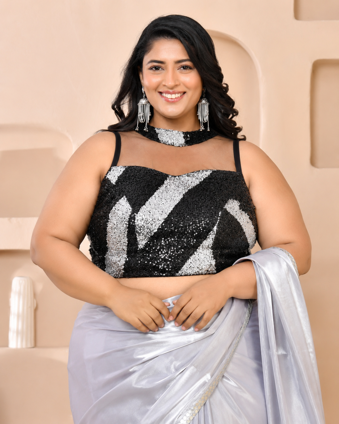 Silver Black Cutdana Band Collar Sleeveless Padded Blouse