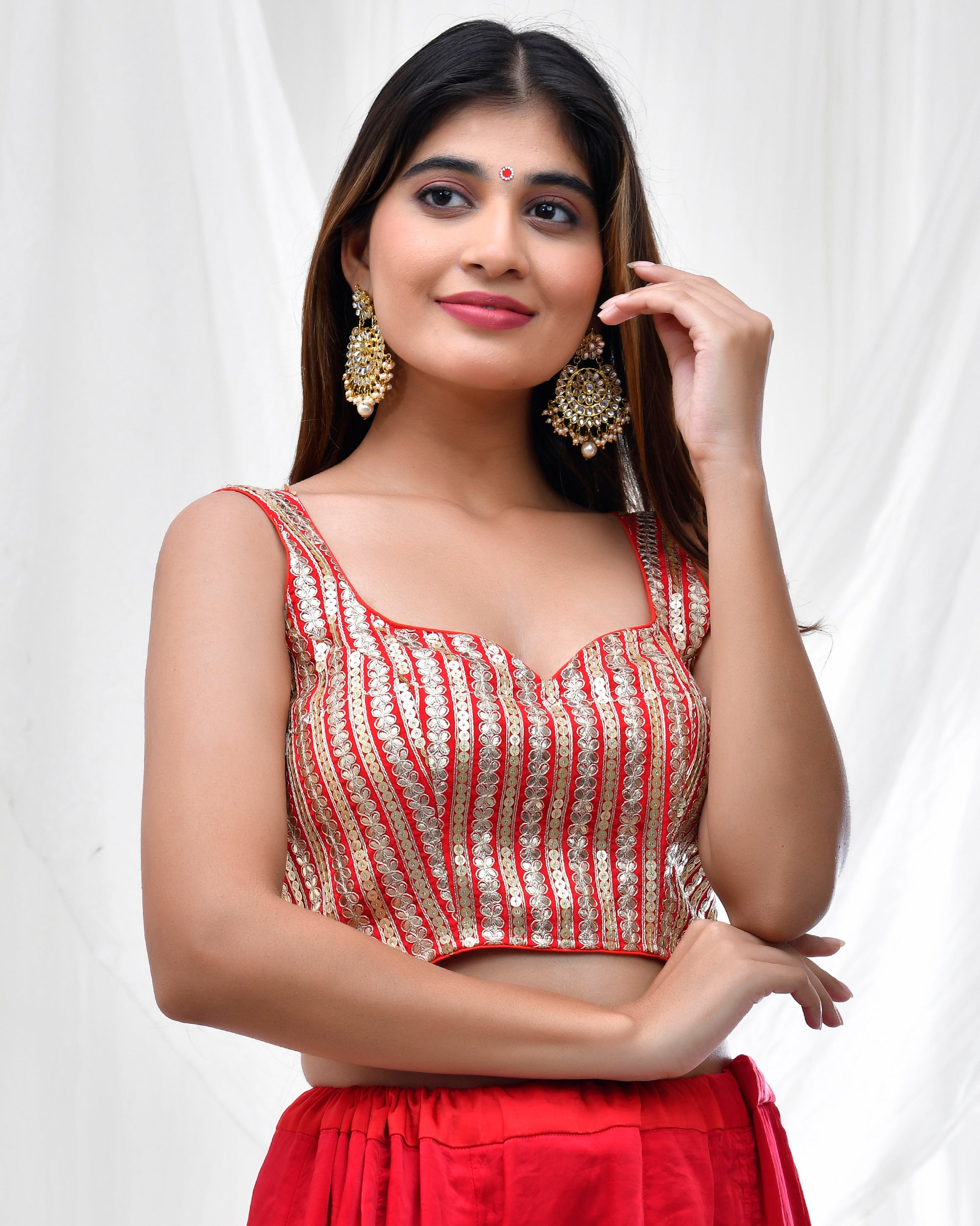 Red Sleeveless Padded Blouse with Gold Detailing