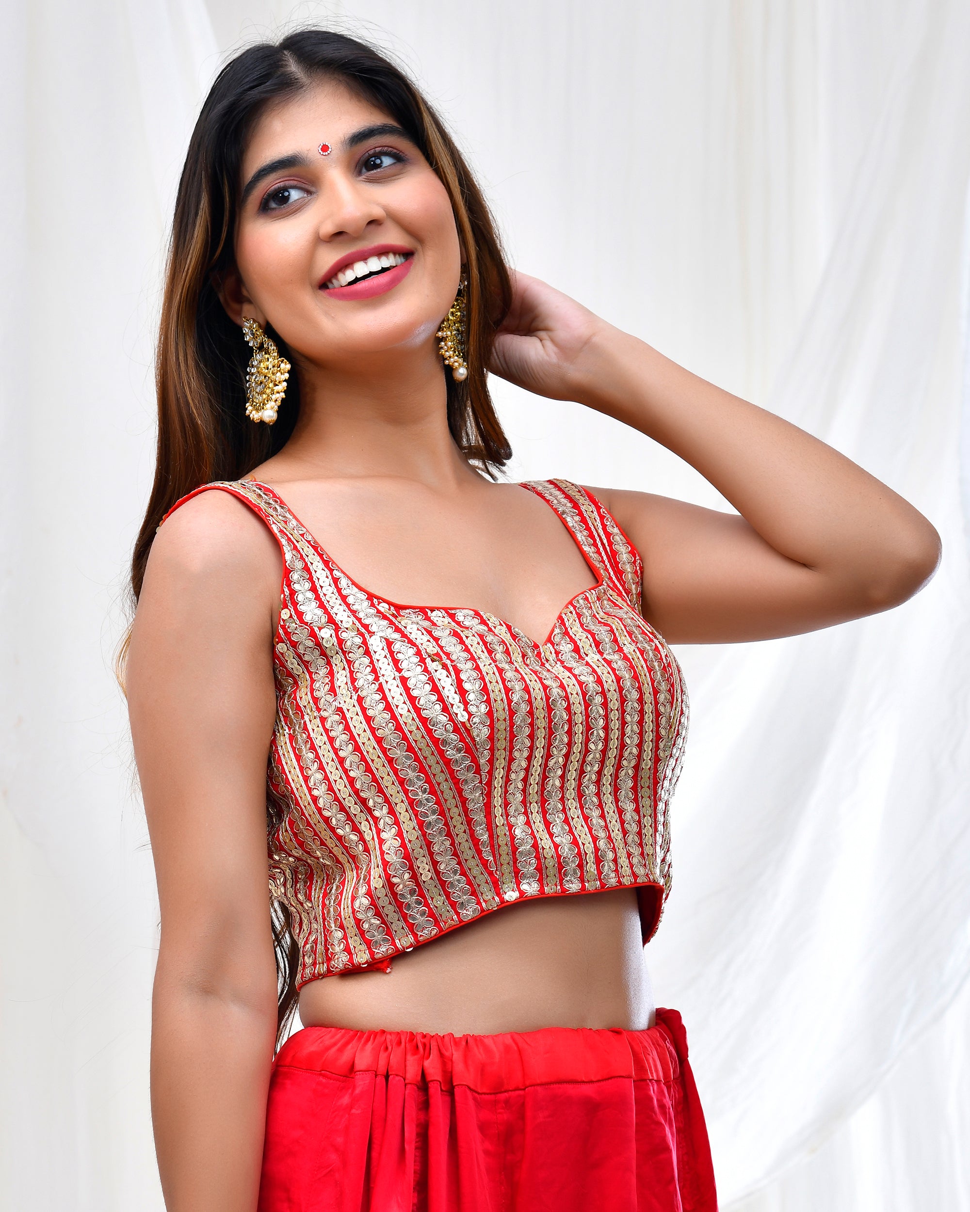 Red Sleeveless Padded Blouse with Gold Detailing