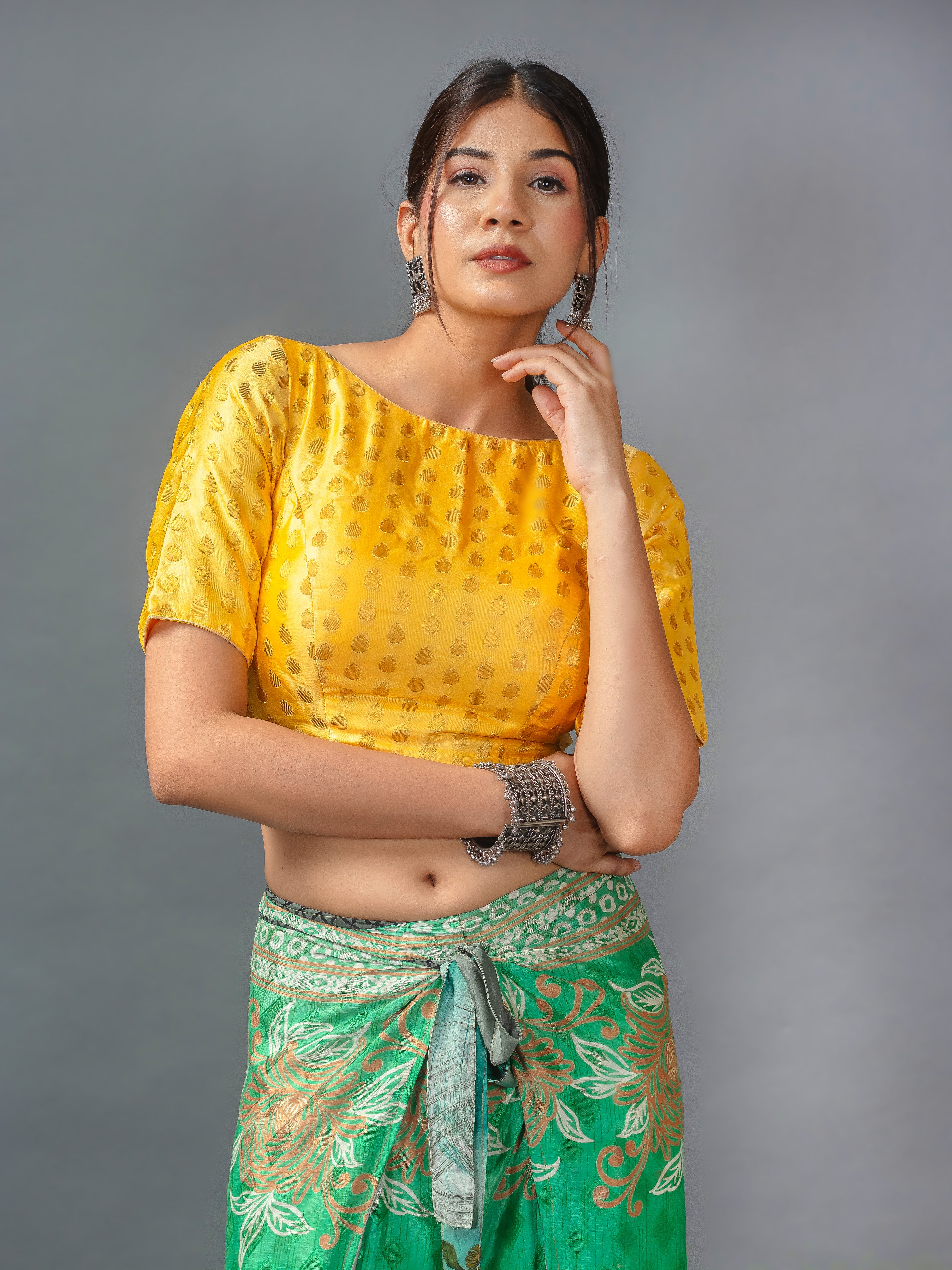 Banarsi Booty Brocade Yellow Saree Blouse