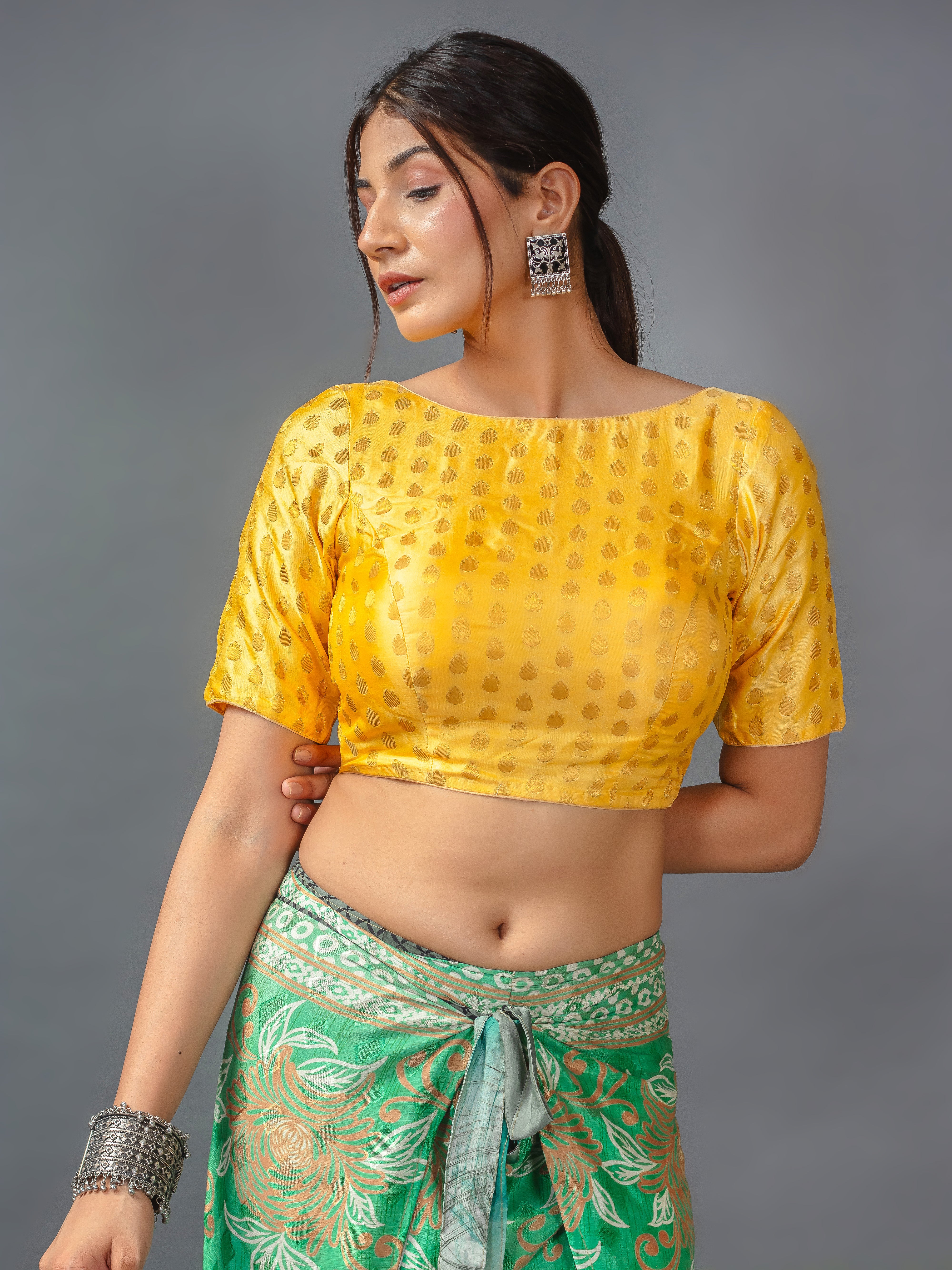 Banarsi Booty Brocade Yellow Saree Blouse