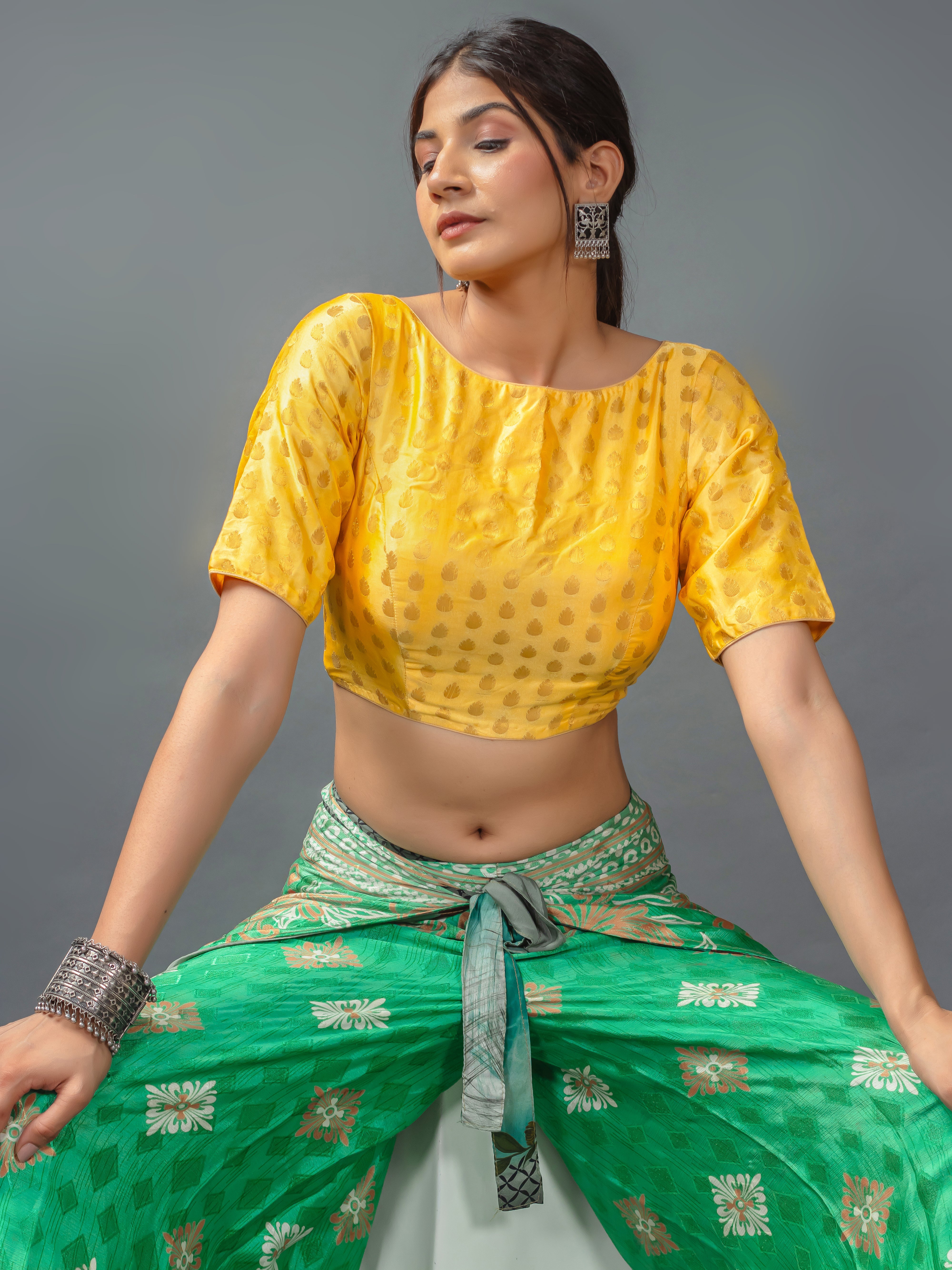 Banarsi Booty Brocade Yellow Saree Blouse