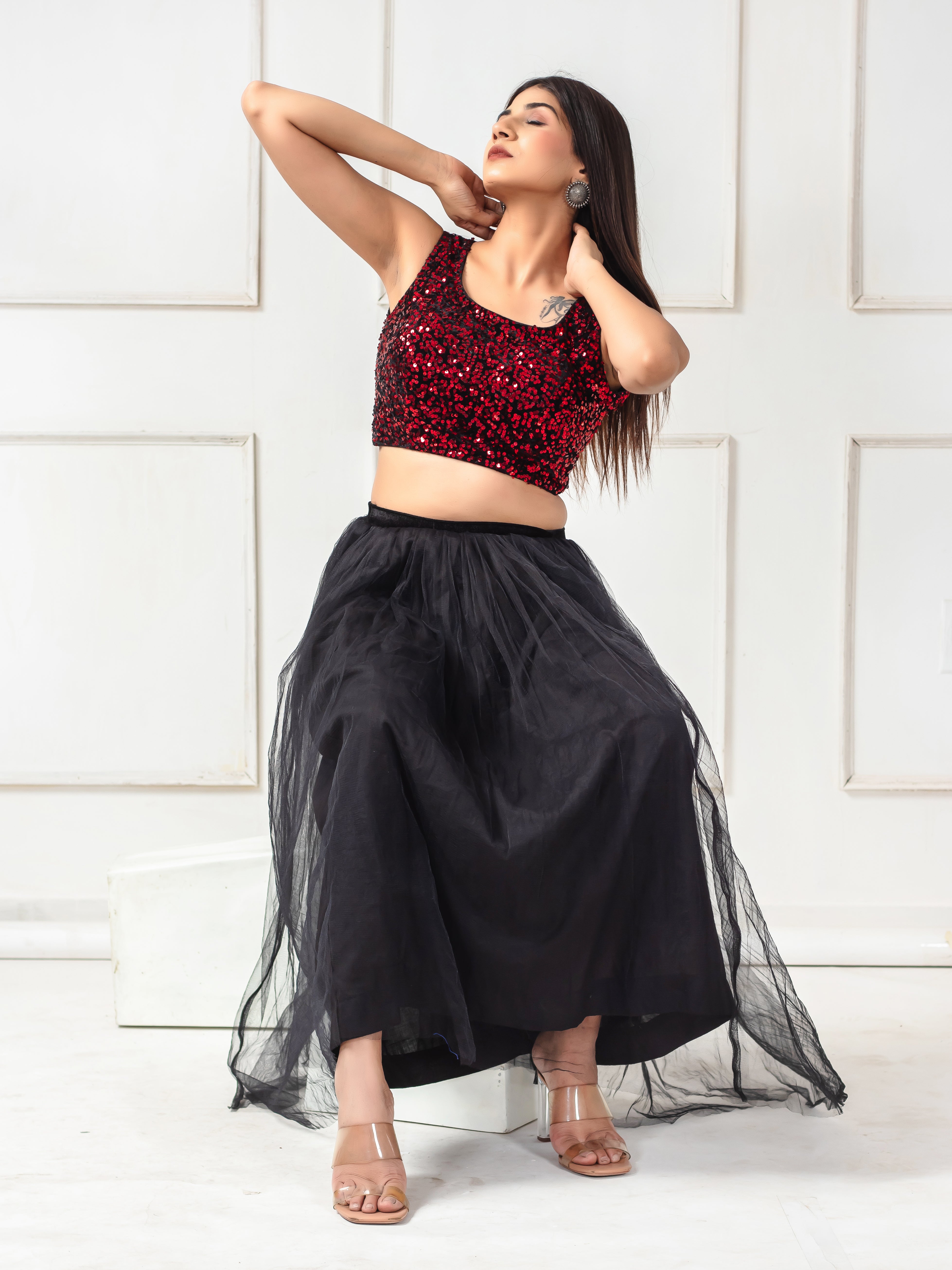 Sequin Embellished Red Velvet Saree Blouse