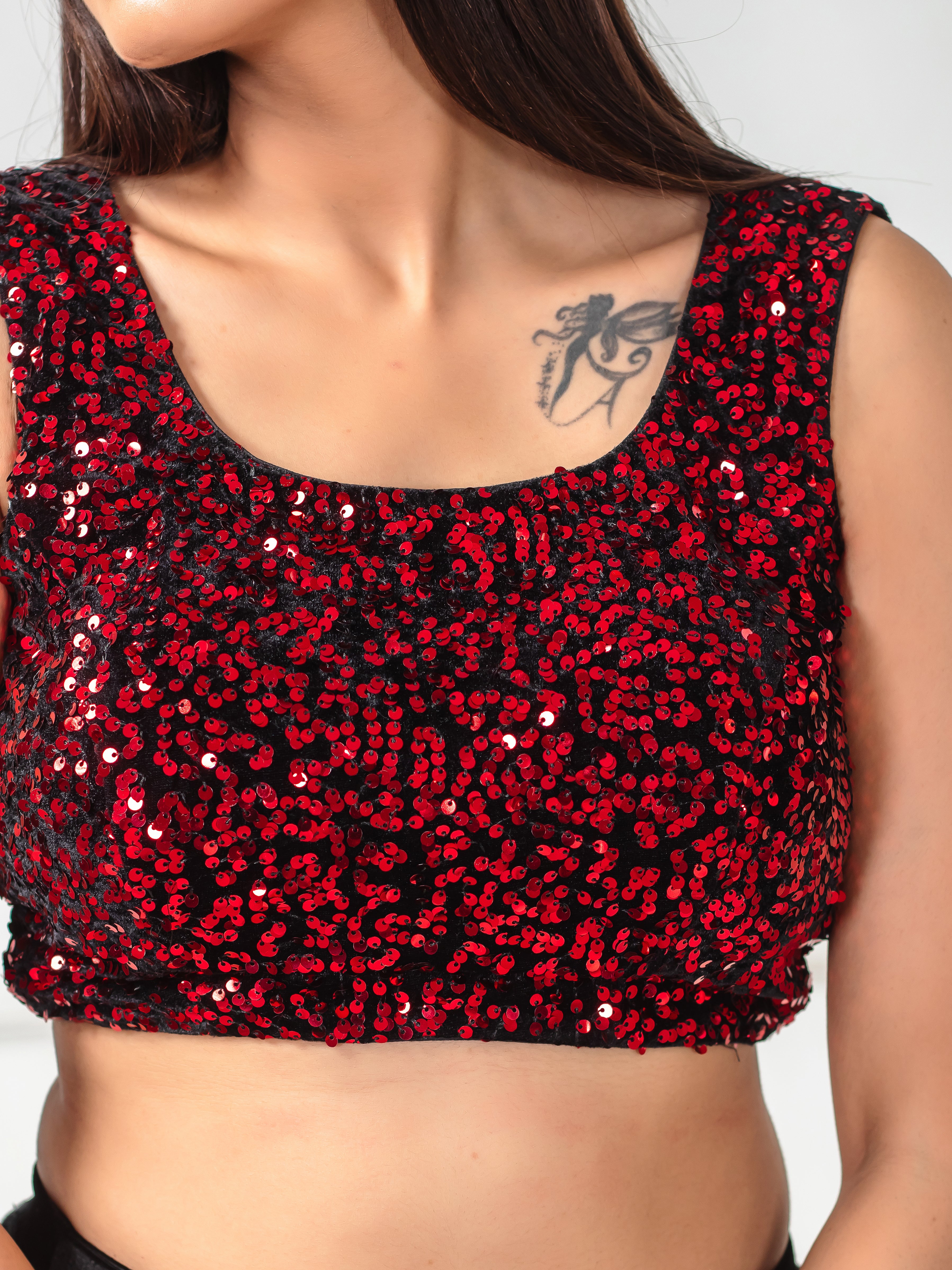 Sequin Embellished Red Velvet Saree Blouse